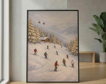 Puede incluir: Impresión artística enmarcada que representa una ladera nevada con esquiadores con chaquetas de colores. Una pequeña cabaña se encuentra entre los árboles de hoja perenne cubiertos de nieve. Un telesilla y una cordillera son visibles en el fondo. La obra está enmarcada en un borde negro.