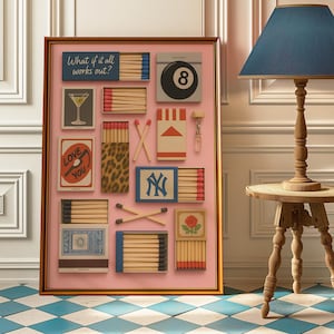Arte de parede retrô com caixa de fósforos | Impressão de palitos de fósforo pop art | Decoração vintage com caixa de fósforos | Pôster estético rosa ousado | Arte moderna de meados do século