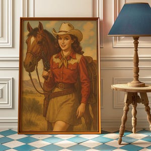 Vintage Cowgirl Wall Art | Western Girl with Horse Poster | Retro Western Pinup Print | Wild West Rodeo Decor | Cowgirl Americana Art