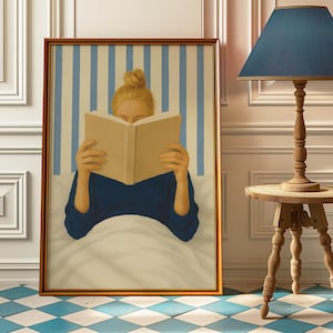 Woman Reading in Bed Poster - Book Lover Art Print - Reading Book Wall Art - Reading Nook Library Decor, Retro Girly Book Poster For Bedroom