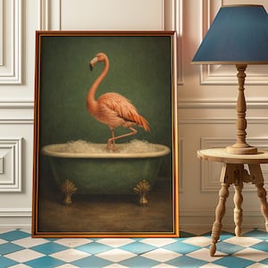 Konsttryck med flamingobad, vintage oljemålningsstil badrumsdekor, rolig fågelväggkonst, grön retroposter, present till flamingoälskare
