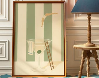 Póster Martini Diver - Arte mural vintage de cóctel Dirty Martini - Decoración retro para amantes de los cócteles - Estética Saga Green Stripe - Arte preppy