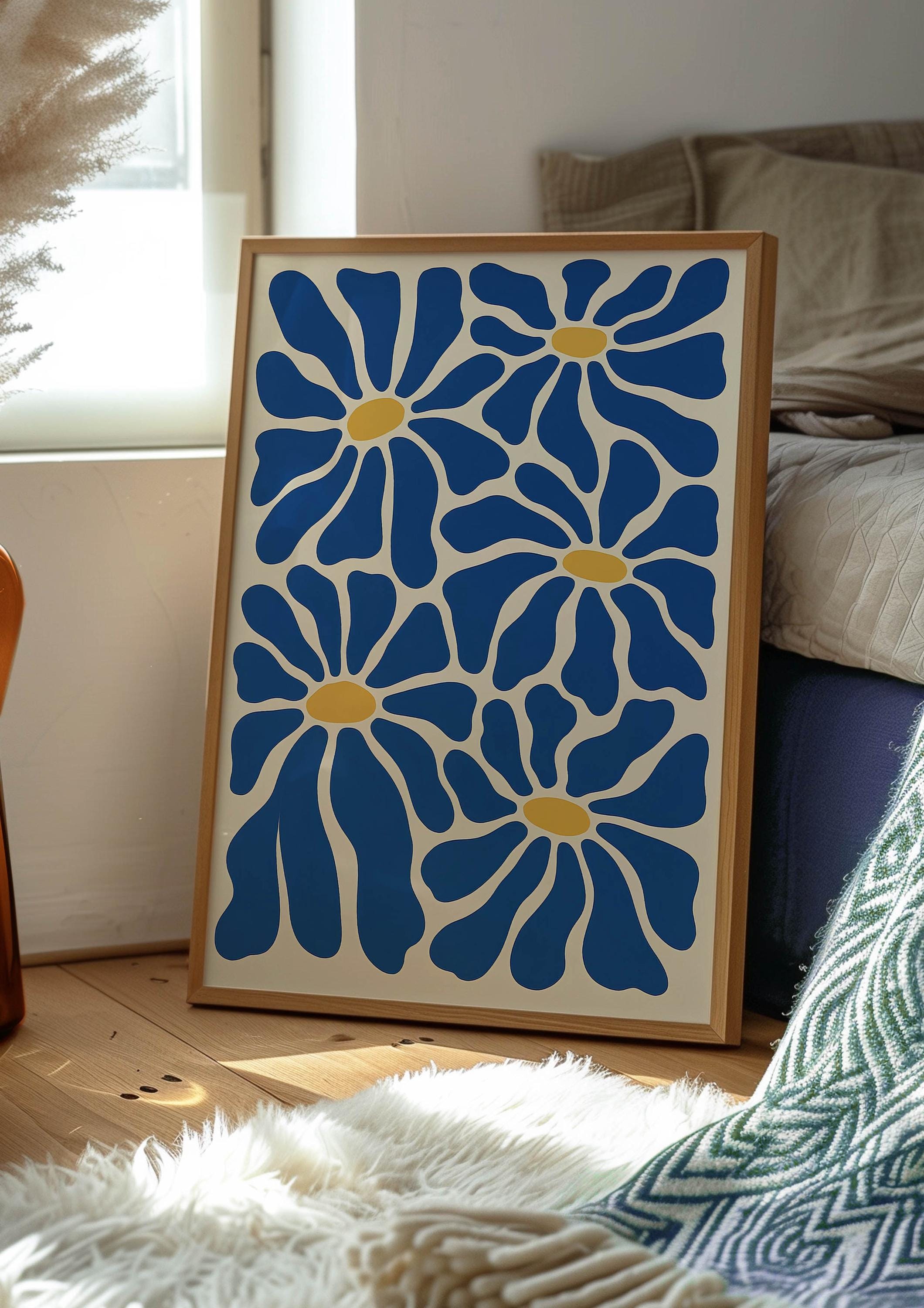 Blue Daisy Flower Wall Art Print – Modern Abstract Floral Poster – Bold ...