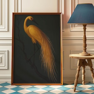 Golden Crane Art Print: Vintage Japanese Bird Wall Decor