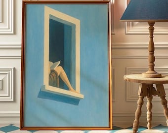 blue window reading poster – vintage retro mediterranean wall art