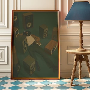 May include: A framed art print depicting a person reclining amidst speakers and a record. The artwork has a vintage style with a muted colour scheme of greens, browns, and beige. The frame is a warm gold colour.