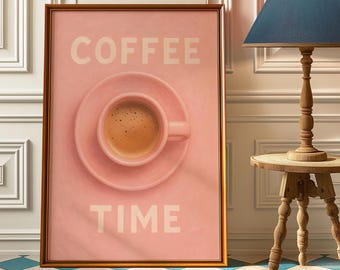 Retro Coffee Time Wall Art – Pink Kitchen Poster Print, Minimal Retro Cafe Decor, Coffee Lover Gift for Espresso Fans, Coquette Coffee Decor