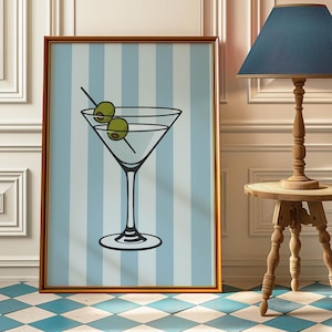 Martini Glas Poster mit blauen Streifen - Schmutziger Martini Glas Druck, Mid Century Bar Warenkorb Martini Dekor - Vintage Cocktail Poster für die Küche