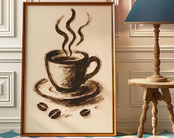 Lámina minimalista con boceto de taza de café: Arte vintage para cocinas y cafeterías.