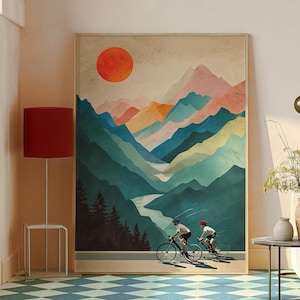 Cycling Couple Art Print - Scenic Road Bike Wall Art - Cycling Adventure Poster - Mountain Cycling Decor - Minimalist Cyclist Artwork
