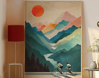 Cycling Couple Art Print - Scenic Road Bike Wall Art - Cycling Adventure Poster - Mountain Cycling Decor - Minimalist Cyclist Artwork