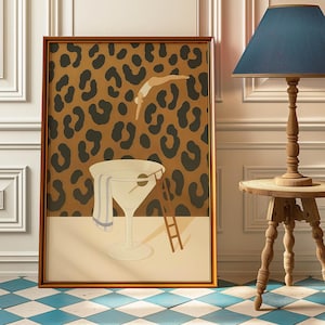 Martini Diver Poster Print - Glam Cocktail Wall Decor with Leopard Print – Vintage Style Poster for Martini Lovers - Stylish Bar Cart Decor