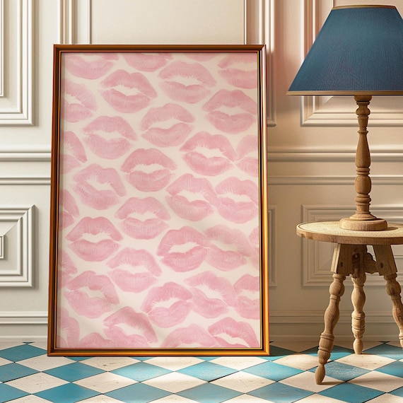 Kiss Lips Poster - Trendy Pink Lips Wall Art - Retro Kiss Lips Art Print - Pink Lips Poster For College Apartment - Teen Girl Room Decor
