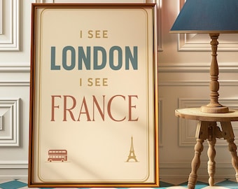 Arte divertido para la pared del baño: Póster "Veo Londres, veo Francia", letrero retro atrevido para el baño, decoración vintage para apartamentos.
