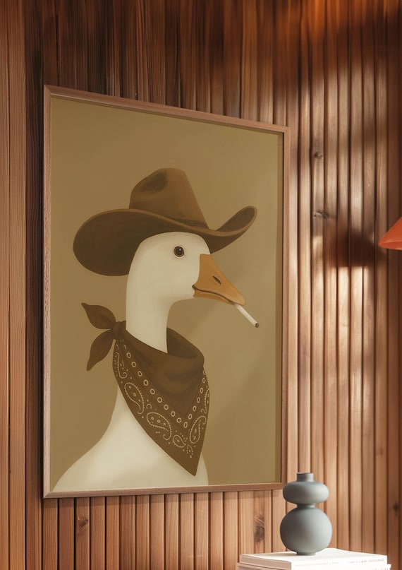 goose smoking a cigarette Silly Cowboy Goose With Cigarette Poster - Funny Vintage Smoking Goose  Cowboy Hat and Bandana - Retro Cowboy Nursery Decor - Cowboy Print