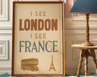 Arte mural de viajes divertido: Impresión "Veo Londres, veo Francia", decoración de baño atrevida, póster humorístico vintage sobre inodoros, letrero de viaje con estética retro.