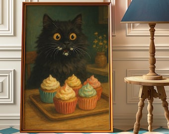 May include: A framed painting depicts a black cat with wide yellow eyes, surrounded by cupcakes on a wooden tray. The cupcakes have colorful frosting. The cat has frosting on its mouth. The painting is in a room with a blue lamp and a small table.