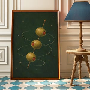 Celestial Martini Olive Wall Art – Surreal Cocktail Print, Vintage Bar Cart Poster, Eclectic Kitchen Dining Room Lounge Decor