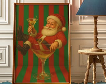 Grafika ścienna „Cheers Santa Claus”, zabawna sztuka ścienna w stylu retro z motywem świątecznym, wydruk koktajlowy w stylu vintage, wydruk świąteczny, dekoracja wózka barowego „Santa Martini”