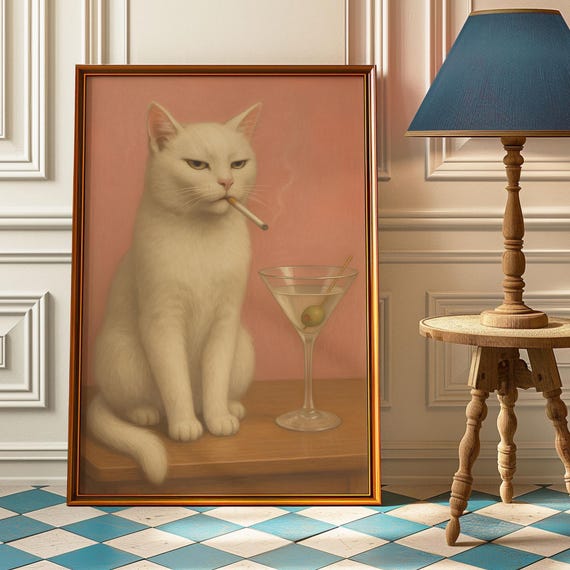 martini cigarette White Cat Smoking With Martini – Retro Cocktail Bar Wall Art Print, Vintage  Cat Lover Poster, Mid Century Modern Home Décor - Preppy Posters