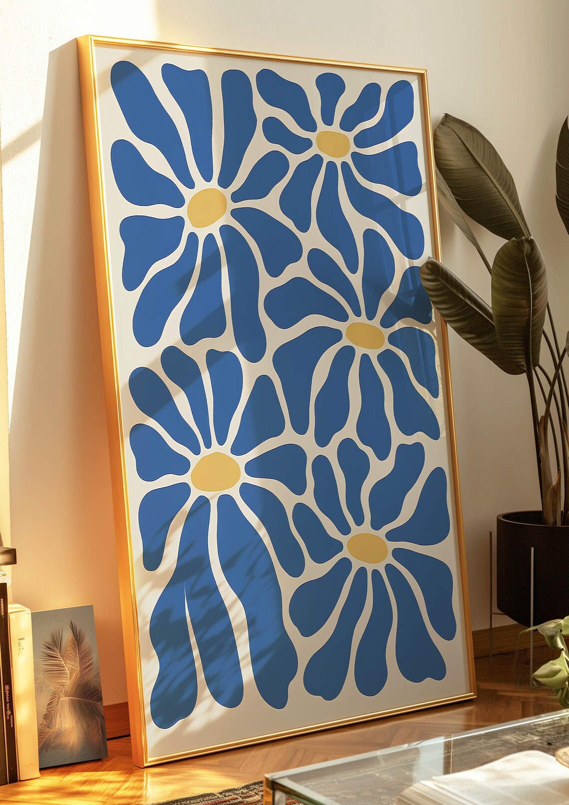 Blue Daisy Flower Wall Art Print – Modern Abstract Floral Poster – Bold ...