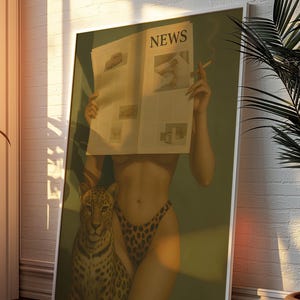 May include: Art print featuring a woman holding a newspaper with the headline "NEWS", a leopard print bikini, and a leopard. The woman is smoking a cigarette. The artwork is framed.