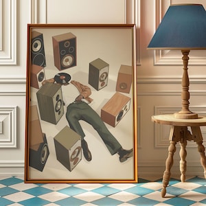 May include: A framed art print depicting a person reclining amidst several speakers, with a vinyl record covering their head. The artwork has a vintage style, with a warm colour palette and a gold frame. The person is wearing a brown jacket, white shirt, and green trousers.
