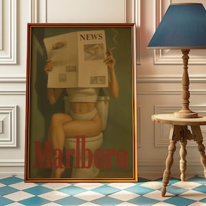Impresión de póster vintage de Marlboro - Arte de pared de baño retro - Impresión de arte vintage de Marlboro - Impresión de humor de mujer fumando en el baño - Pósteres preppy