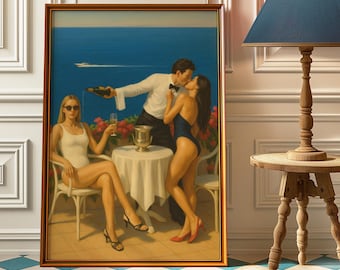 Retro Coastal Print: Vintage Luxury Bikini, Champagne Poster
