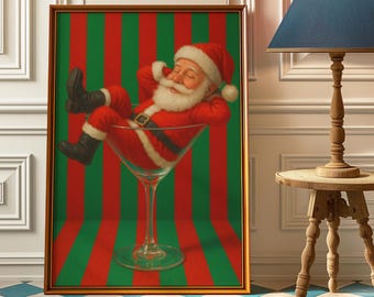 Plakat "Cheers Santa Claus", zabawna sztuka ścienna w stylu retro, wydruk koktajlowy w stylu vintage, wydruk świąteczny, dekoracja wózka barowego Santa Martini
