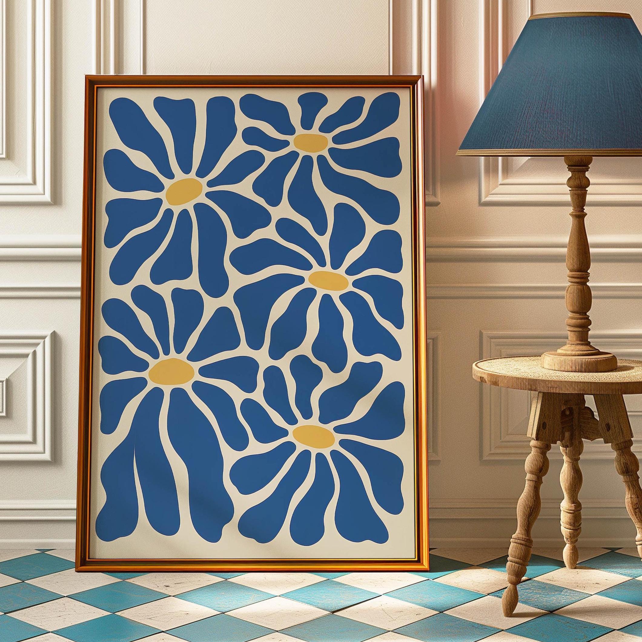 Blue Daisy Flower Wall Art Print – Modern Abstract Floral Poster – Bold ...