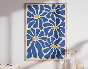 Blue Daisy Flower Wall Art Print – Modern Abstract Floral Poster – Bold Blue Flower Decor – Mid Century Wall Art – Colorful Botanical Print
