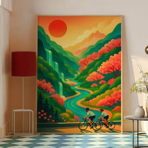 Cycling Couple Art Print - Scenic Road Bike Wall Art - Cycling Adventure Poster - Mountain Cycling Decor - Minimalist Cyclist Artwork