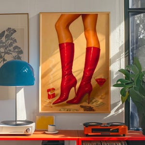 Rote Stiefel Poster Mit Marlboro und Cocktail - Rote Stiefel Mode Ikone Poster - Rote Stiefel Kokette zimmer Dekor - Altes Geld Vintage Wand Kunst