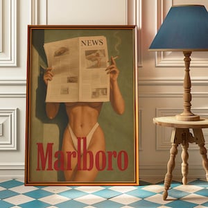 Impresión de póster vintage de cigarrillos del oeste - Impresión retro de Marlboro - Impresión artística vintage de Marlboro - Póster de modelo Marlboro en bikini - Pósters preppy
