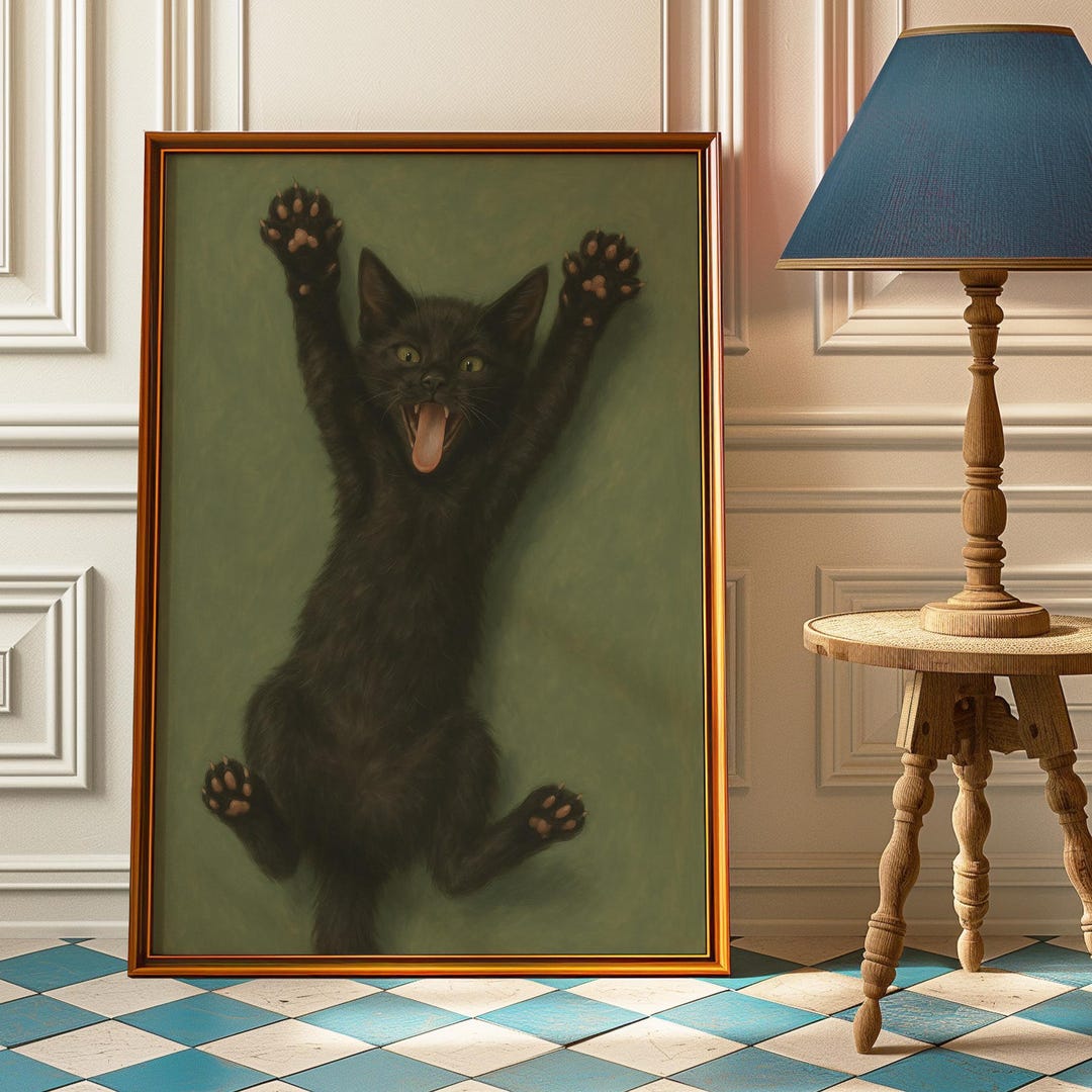 Whimsical Black Cat Poster – Vintage Moody Cat Wall Art – Retro ...
