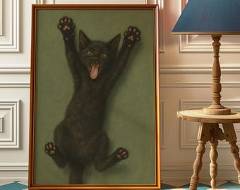 May include: A framed artwork depicts a black cat with its mouth open and tongue out, arms raised. The cat's paws are visible, and the background is a muted green. The frame is gold-colored, and the artwork is displayed in a room with a blue and white checkered floor.