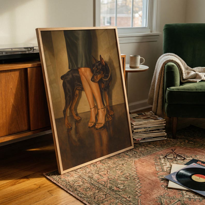 Femme Fatale Doberman Poster, Woman With Doberman Wall Art, Vintage Gothic Glam Print, Strong Feminine Artwork, Elegant Dog Portrait Decor image 11