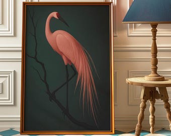 Pink Japanese Crane Art - Vintage Crane Poster - Antique Japanese Wall Art - Pink Crane Wall Print - Large Pink Bird Artwork Gift - Digital
