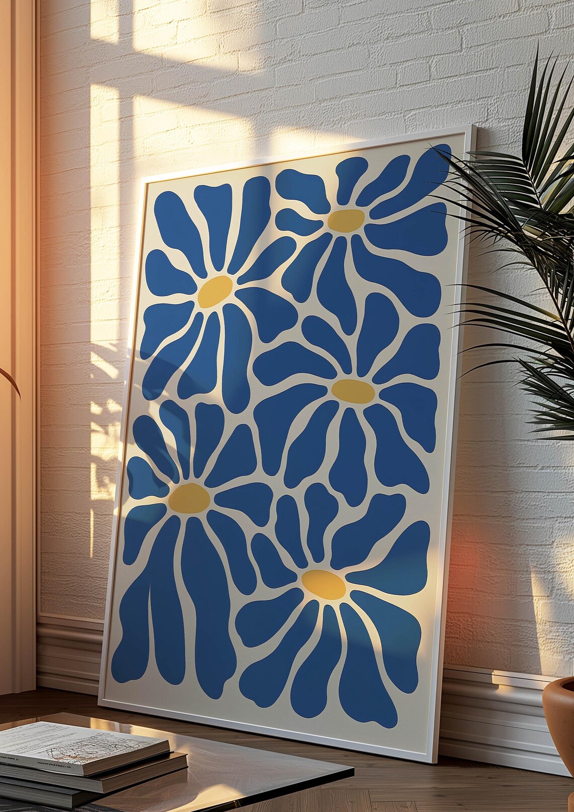 Blue Daisy Flower Wall Art Print – Modern Abstract Floral Poster – Bold ...