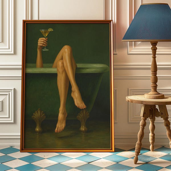 Modern Bathroom Wall Art Printable, Sage Green Bathtub with Martini Glass Digital Artwork, Dirty Martini art