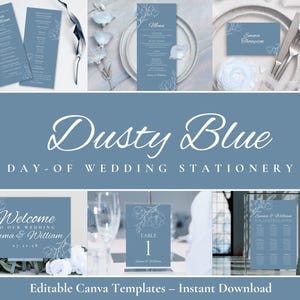 Op de afbeelding: Stofblauw trouwpapier met menu's, naambordjes en welkomstborden. De ontwerpen bevatten bloemaccenten en de namen "Emma & William". De tekst "Bewerkbare Canva-sjablonen - Direct downloaden" is ook zichtbaar.