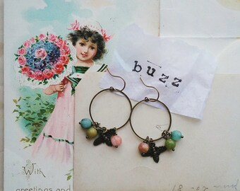 Colorful Beaded Bee Hoop Dangle Earrings for Women, Sustainably Made From Upcycled Vintage Jewelry