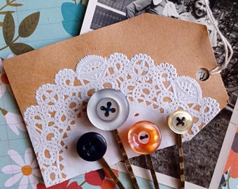 Button Hair Pin Set, Four Retro Bobby Pins Handcrafted from Upcycled Colorful Vintage Buttons, Orange and Navy Fall Fashion Accessories