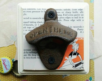 Wall Mount Beer Bottle Opener Made From a Vintage Cookbook Illustration, Retro Bar Accessories, Unique Gift Idea