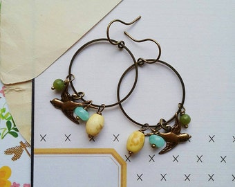 Bird Earrings, Colorful Vintage Style Beaded Hoop Earrings With Brass Bird Charms, Boho Jewelry for Women, Upcycled Modern Vintage Jewelry