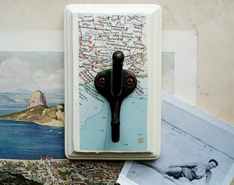 Rio de Janeiro Wall Hook, Decorative Wall Hanger Made From a Vintage Map of Brazil, Travel Inspired Home Decor