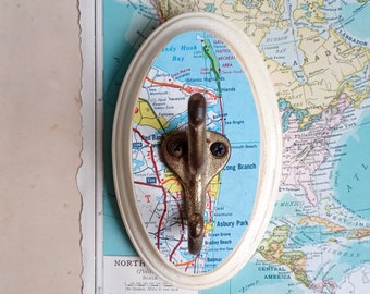 Decorative Wall Hook Made From a Vintage Map of Asbury Park, New Jersey, Sustainable Home Decor