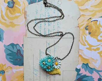 Floral Collage Pendant Necklace, One of a Kind Vintage Flower Jewelry