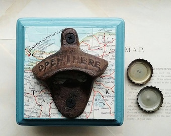 Wall Mount Beer Bottle Opener Made From a Vintage Map of Istanbul, Turkey